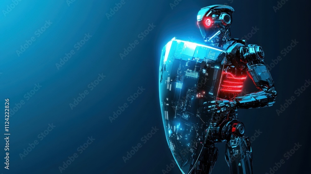 Poster a robot wielding a glowing shield, embodying technology and cyber defense on a striking blue backgro