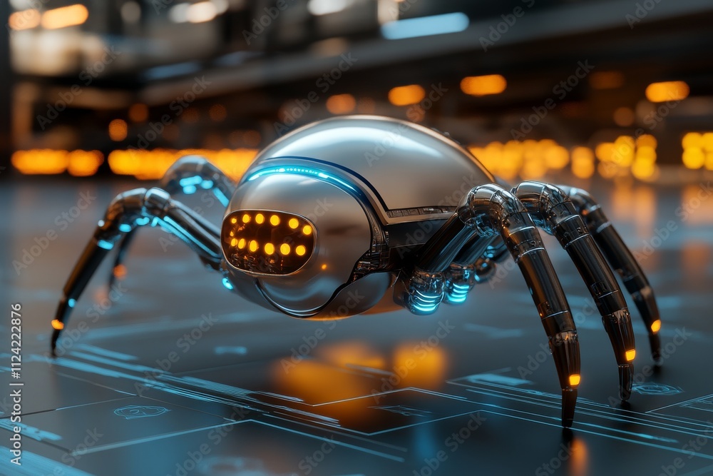 Poster futuristic robotic spider explores a high-tech environment illuminated by glowing lights