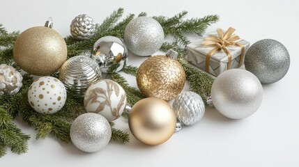 Elegant gold and silver baubles, mini gift boxes, and fir branches carefully placed on a clean white background for Christmas celebration