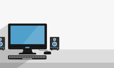 Modern pc mockup with text space background on blue white and orange background. computer mockup  for ui ux app and website presentation.Stock Vector.