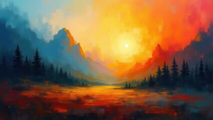Fototapeta premium Pixelated noise overlays.Abstract pixelated landscape with a sunburst gradient, providing a serene, noise-free view. The digital rendering highlights nature-inspired patterns