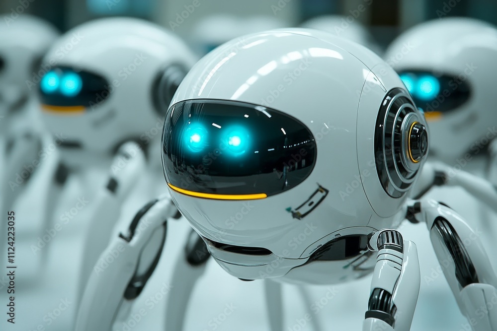 Aufkleber futuristic robots with glowing eyes engage in tasks at a high-tech facility during a demonstration o