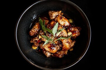 Fototapeta premium Aerial shot of tasty Gong Bao chicken on a black backdrop in a dining setting