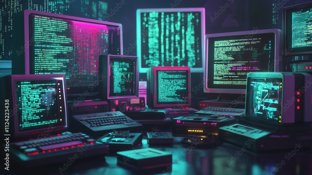Poster retro computer room filled with vintage monitors displaying code.