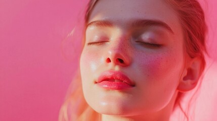 Obraz premium A serene young woman with glowing skin and closed eyes, set against a pastel pink background, embodying beauty and skincare concepts