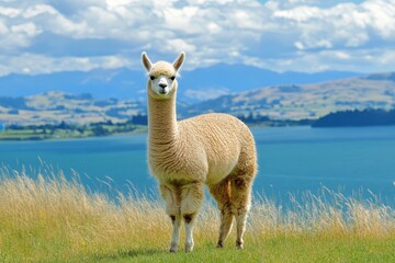 Fototapeta premium Alpaca in a field by Lake Taupo New Zealand