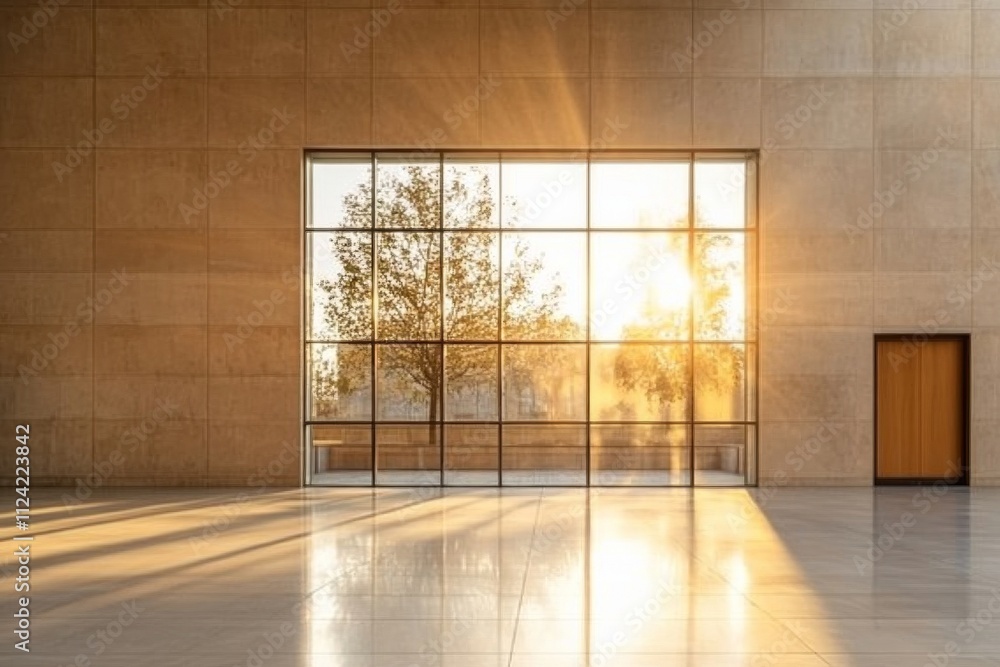Poster sunlight streams through large windows illuminating an empty modern interior in the evening light