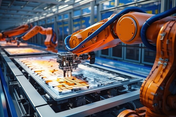 Innovative factory automation with robots producing solar panels