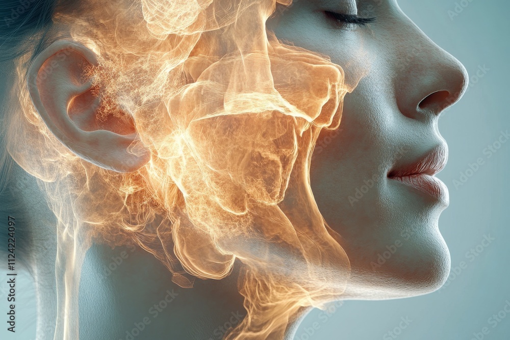 Poster light and color blend into a mesmerizing portrait highlighting ethereal facial features and vibrant 