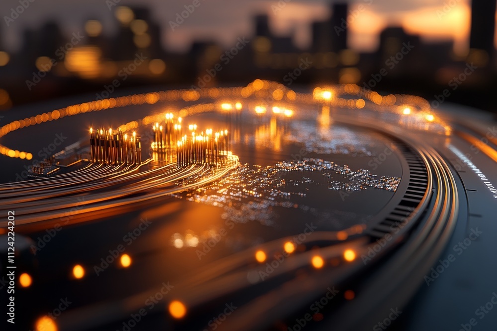 Poster intricate network of illuminated circuits in a modern cityscape at twilight