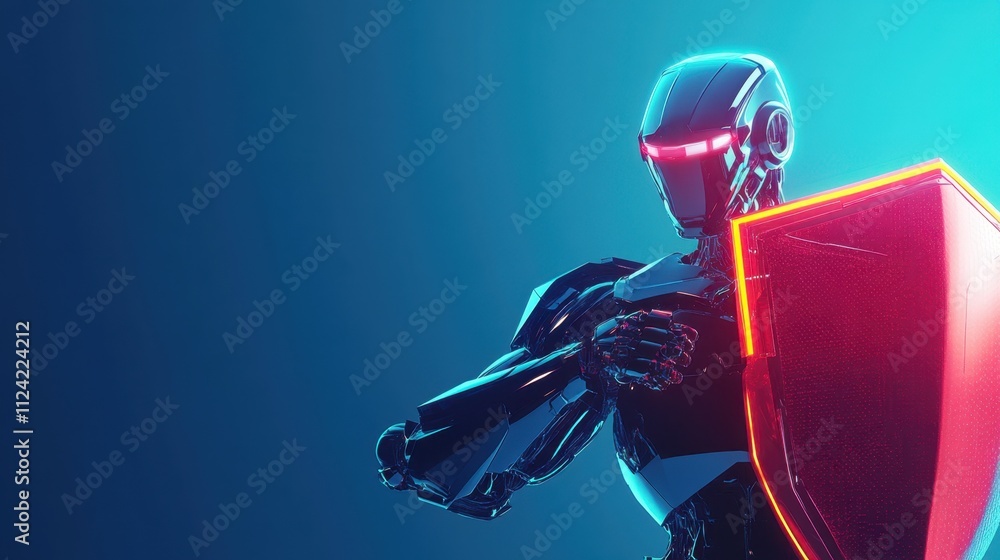 Poster a technological robot gripping a glowing shield, symbolizing cutting-edge security solutions on a br