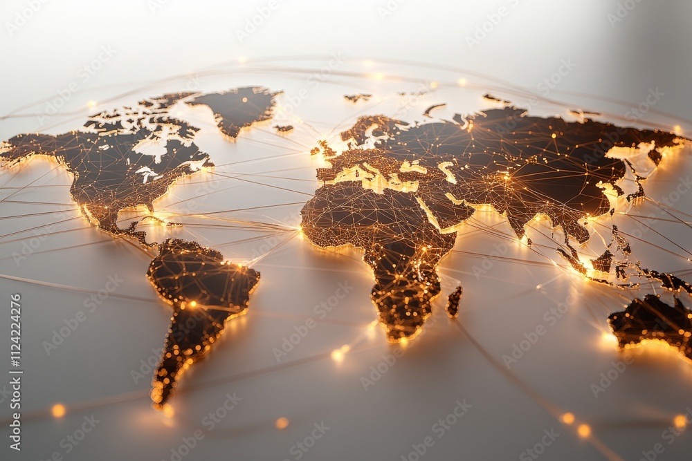 Poster illuminated world map highlighting global connections with a network of lights