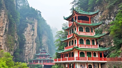 Chinese Pagoda Buildings Nestled Among Misty Mountains