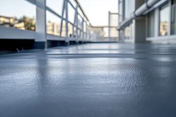 Applied gray paint to fiberglass flooring with rollers for waterproofing and reinforcement