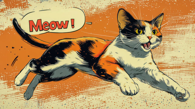Colorful calico cat meowing and leaping in pop art style illustration