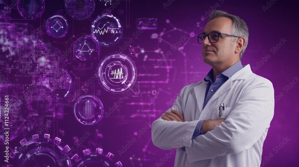 Aufkleber scientist with arms crossed, thoughtful expression, against a background of digital data and graphs.