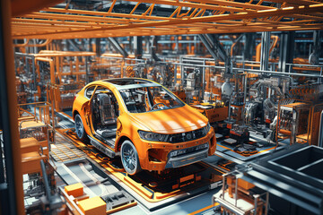 Naklejka premium Modern car assembly factory featuring bodies moving along the line