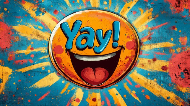Colorful cartoon sun with yay smiley face on splatter background