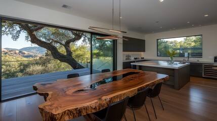 A modern kitchen with sleek, minimalist design and a unique wooden table exudes sophistication, blending style with functionality.