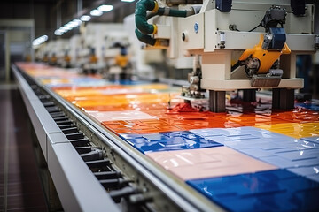 Efficient ceramic tile production line in a factory setting with robotic machinery