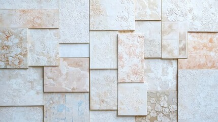 Fototapeta premium An artistic layout featuring samples of vintage wallpaper in muted colors arranged in a visually appealing manner. Each sample represents a unique design, including floral, geometric, and abstract