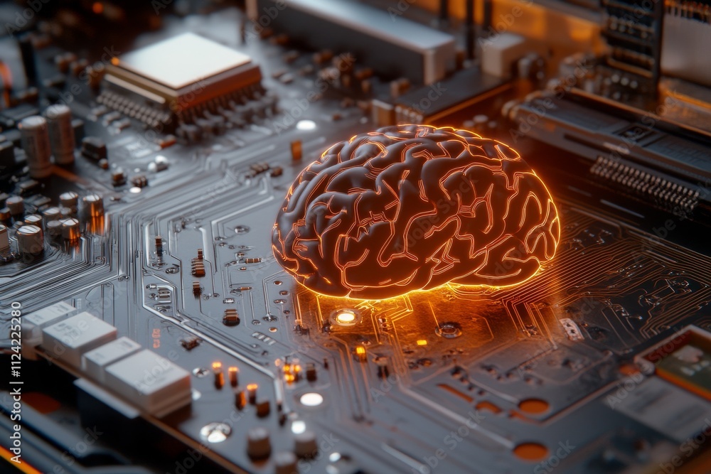 Aufkleber innovative representation of a brain on a circuit board with glowing elements illustrating artificia