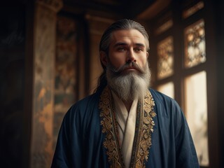 Fototapeta premium The Sage's Gaze: A contemplative portrait of a mature man with a long, flowing beard, dressed in a traditional robe, looking out a window.