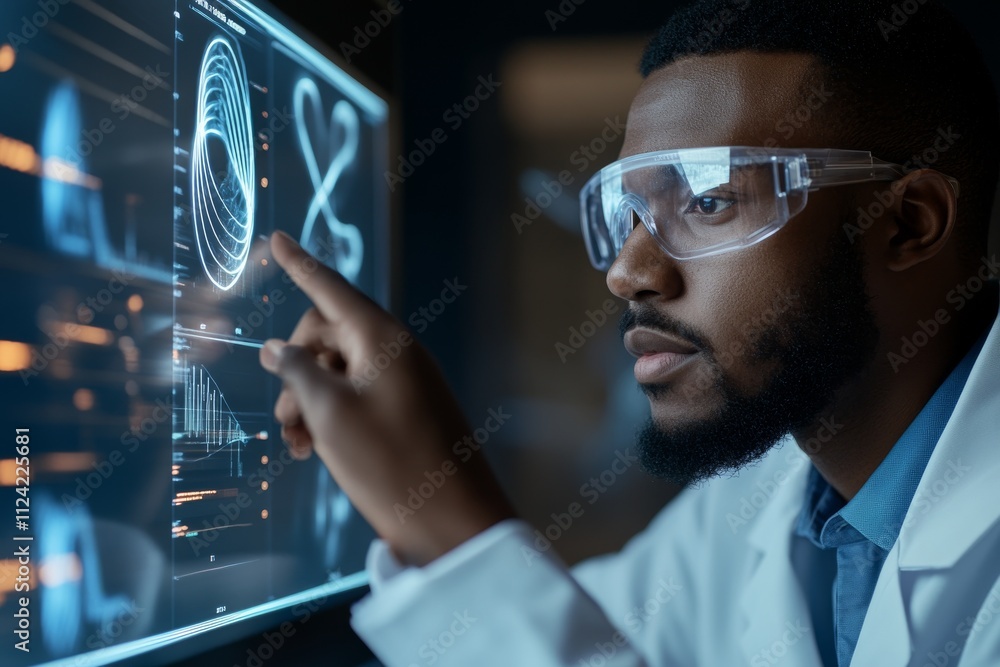 Poster researcher analyzes data visualizations on digital display in modern laboratory setting