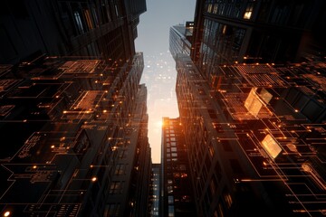 Urban sunset with futuristic digital overlays in a city skyline