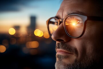 Man with glasses gazes thoughtfully at city skyline during sunset with reflections in his glasses
