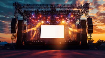 Majestic Stage Concert with blank white screen, sound system and lighting truss at sunset