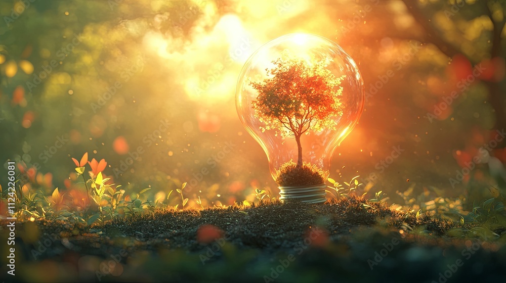 Poster a tree growing inside a light bulb in a forest setting