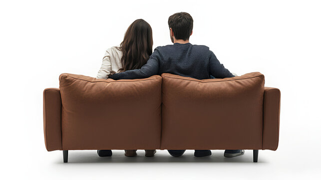 Couple sitting on couch, back view on white background