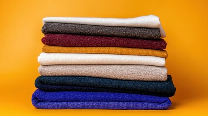 A neatly stacked array of clothes in vibrant hues showcases an array of textures and colors, symbolizing style and the art of layering fashionably.