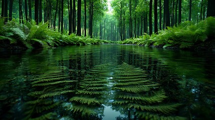 Forest Stream Reflects Ferns, Lush Greenery