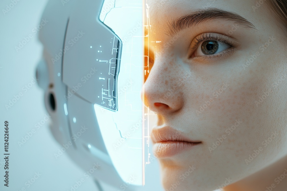 Poster human and robot face merging in a futuristic setting showcasing technology and digital connections