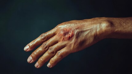 Fototapeta premium Close-up of a hand resting on a forearm showing visible red patches and irritation, highlighting a common dermatological condition
