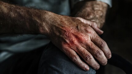 Fototapeta premium Close-up of a hand resting on a forearm showing visible red patches and irritation, highlighting a common dermatological condition