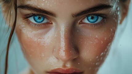 Close-up of a young woman with flawless skin and dazzling blue eyes, water droplets softly enhancing the fresh, beautiful vibe