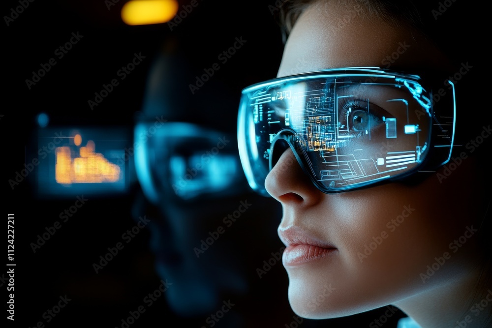 Poster female user engages with futuristic augmented reality glasses in a darkened technology lab setting