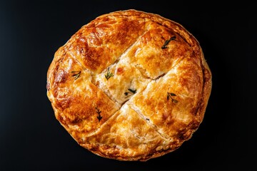 Beef and herb Ossetian pie on a black background viewed from above