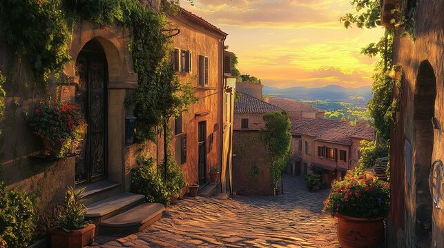 Fototapeta Charming Italian village bathed in the golden light of sunset. Cobblestone streets, terracotta roofs, and lush greenery create a picturesque scene.