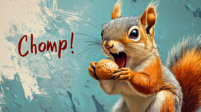 Cute squirrel chomping on nut with excited expression on blue background