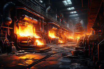 Steelmaking facility interior focusing on metallurgical production processes