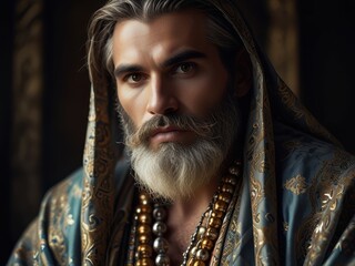 The Sage's Gaze: A contemplative portrait of a mature man with a long, flowing beard, dressed in a traditional robe, looking out a window.