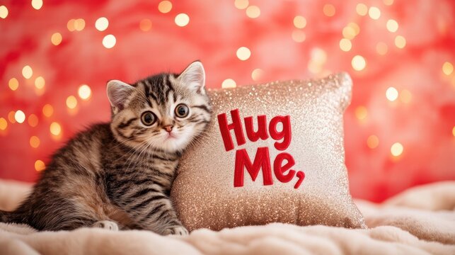 Scottish Fold kitten curled up beside a decorative pillow embroidered with "Hug Me," on a plush beige throw, set against a glowing coral background with sparkles, Valentine's Day background, copy 