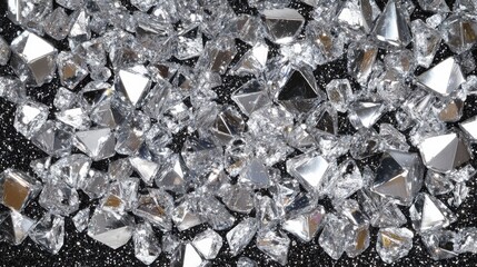 Shattered Crystals Gleam: Sparkling Silver Fragments on Black Glitter, Reflective Surfaces, Geometric Shapes, Luxurious Texture, Decorative Elements, Shimmering Effect,  Facetted Gems