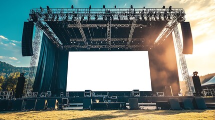 Majestic Stage Concert with blank white screen, sound system and lighting truss, Mockup stage design