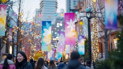A panoramic view of a vibrant street festival brimming with life, featuring colorful banners fluttering in the breeze and glowing fairy lights strung overhead. The foreground includes joyful