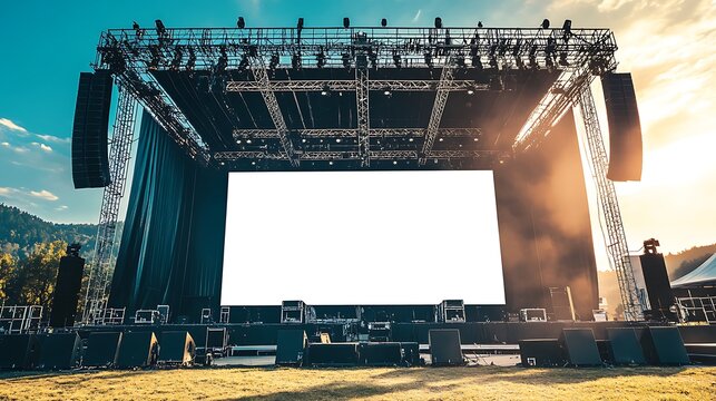 Majestic Stage Concert with blank white screen, sound system and lighting truss, Mockup stage design